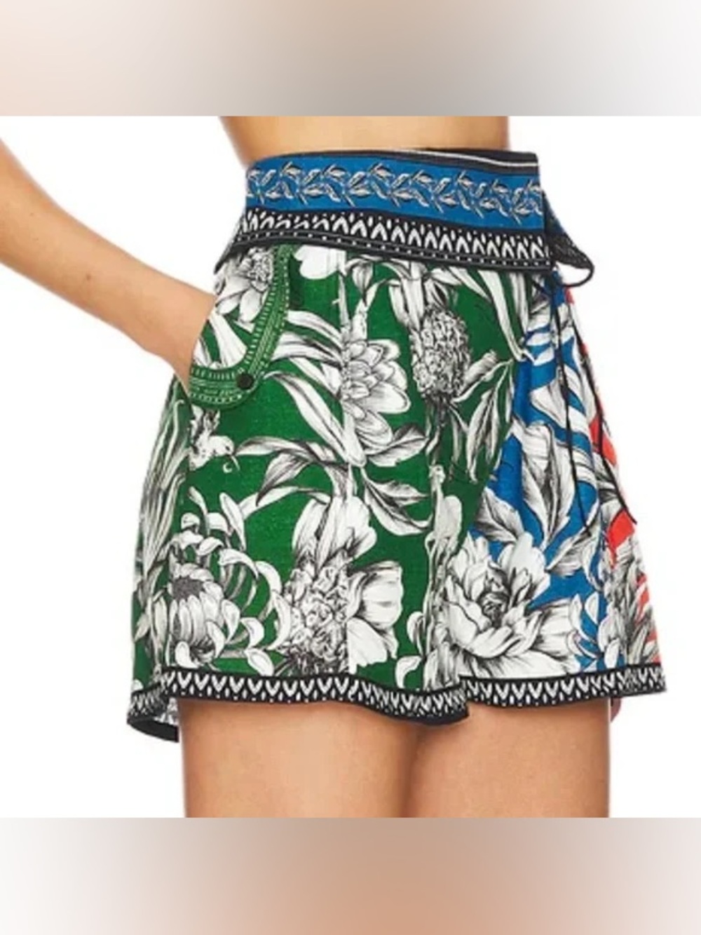 Agua Bendita Floral High-Waist Shorts in Green and Blue